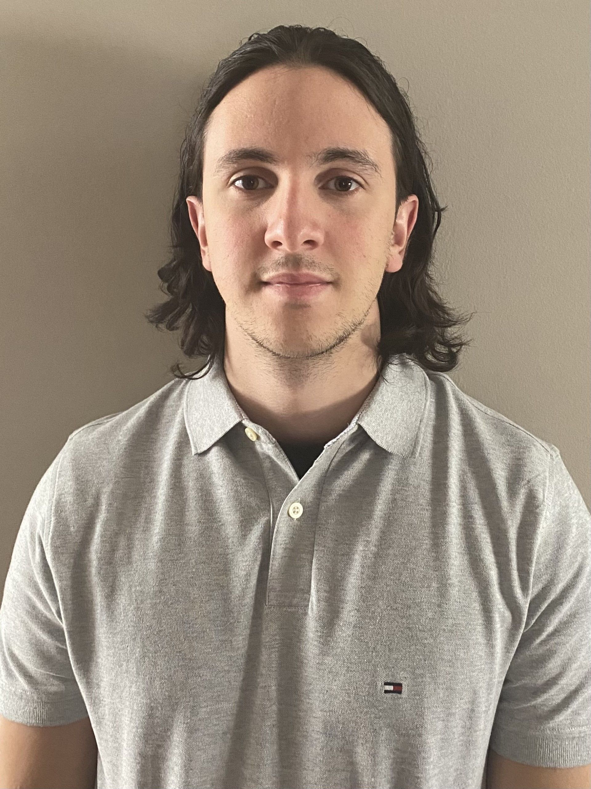 Man with long, dark hair, wearing a gray polo shirt, looking at the camera. Neutral background.