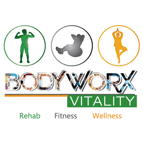 Bodyworx logo: Silhouettes of exercising figures, with text "Bodyworx Vitality" above "Rehab, Fitness, Wellness."
