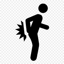 Person with back pain, bent over, holding their back, with pain symbol.