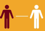 Two stick figures, one dark brown and one white, separated by a short horizontal line, on an orange background.