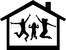 Silhouette of a family jumping inside a house; celebrating joy and happiness.