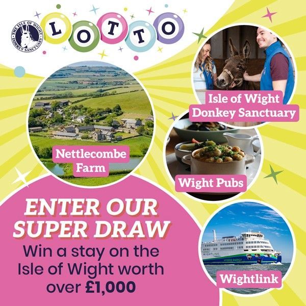 Isle of Wight Lotto Super Draw graphic featuring Nettlecombe Farm, Wight Pubs, Wightlink and the Donkey Sanctuary.