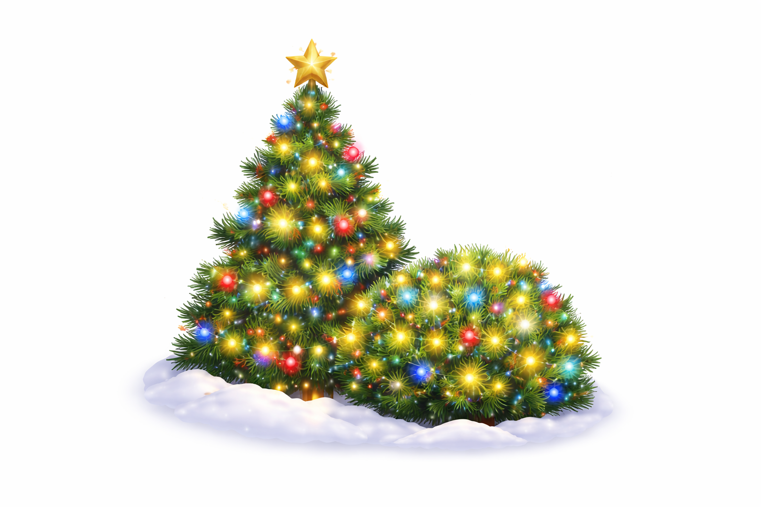 Christmas-decorated porch with small trees, glowing lights, wreath, and lanterns framing a weathered wooden door.