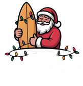 Santa Claus with surfboard, thumbs up, wrapped in Christmas lights.
