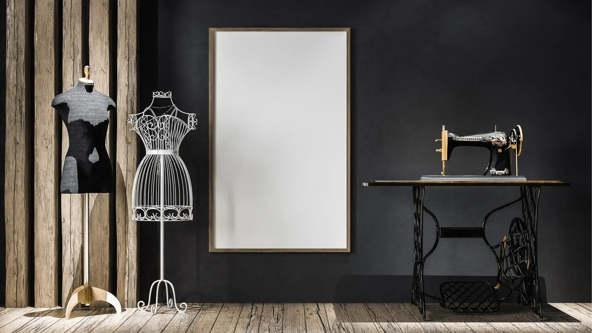 A room with a mannequin , sewing machine , and a picture on the wall.