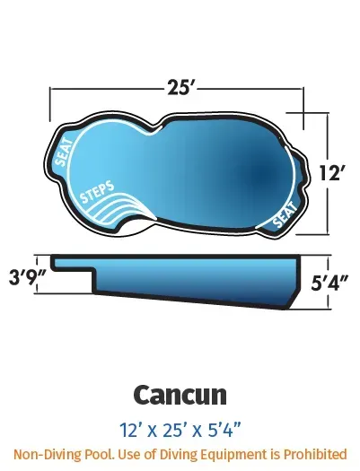 Cancun pool diagram, blue freeform pool with steps, labeled 25' x 12' x 5'4