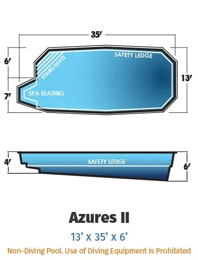 Diagram of Azures II spa pool layout, blue shape with safety ledge and seat, 13' x 35' x 6'