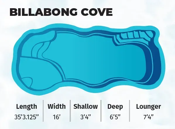 Billabong Cove pool diagram with blue outline and dimensions labeled length, width, shallow, deep, and lounger.