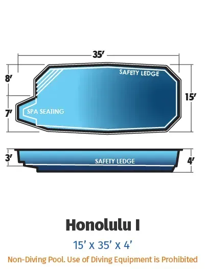 Blue and white rectangular pool diagram labeled Honolulu I, 15' x 35' x 4' with safety ledge and stairs