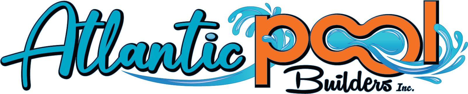 Atlantic Pools Builders logo with turquoise and orange text and stylized water splash graphic