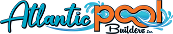 Atlantic Pools Builders logo with turquoise and orange text and stylized water splash graphic