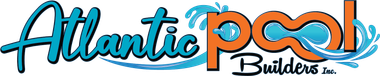 Atlantic Pools Builders logo with turquoise and orange text and stylized water splash graphic