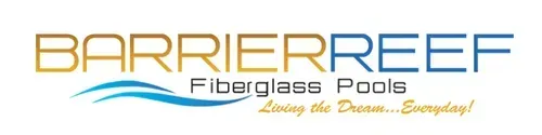 BARRIERREEF Fiberglass Pools logo in gold and blue with a small wave graphic