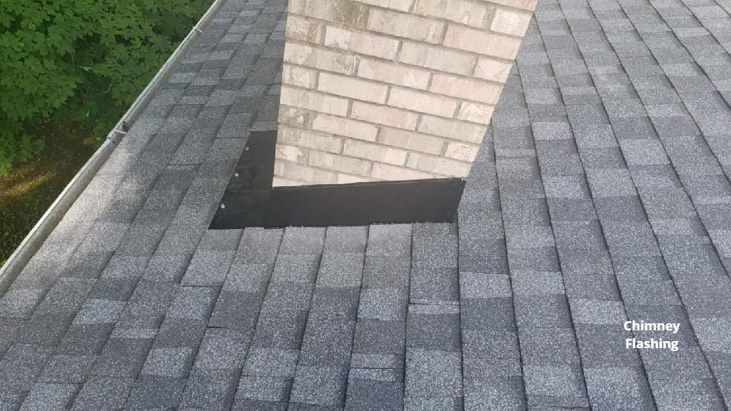 A chimney is sitting on top of a roof next to a gutter.