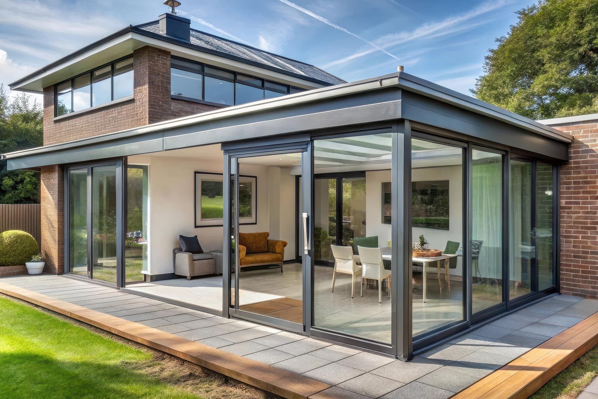 Modern house with glass extension and patio doors opening to a bright indoor-outdoor living space