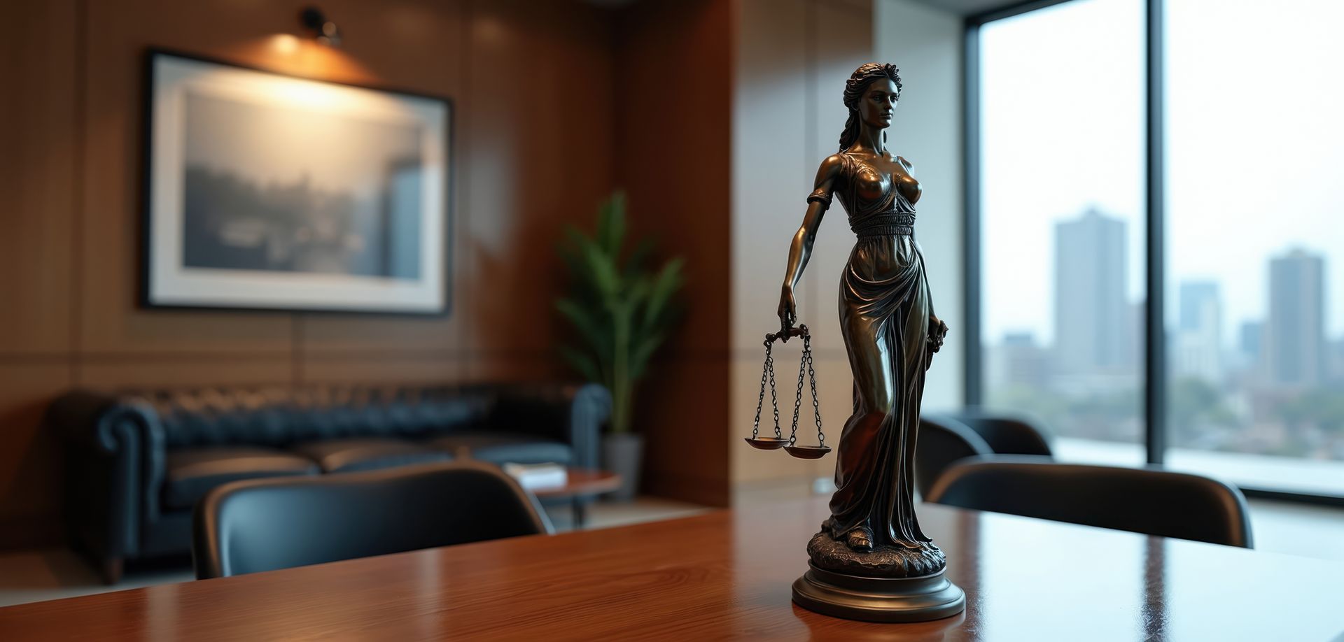 Lady Justice statue displayed in a modern law office conference room