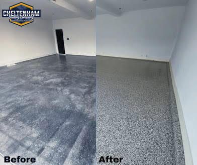 Before and after photo of a garage floor renovated from a stained concrete surface to a smooth, grey speckled finish.