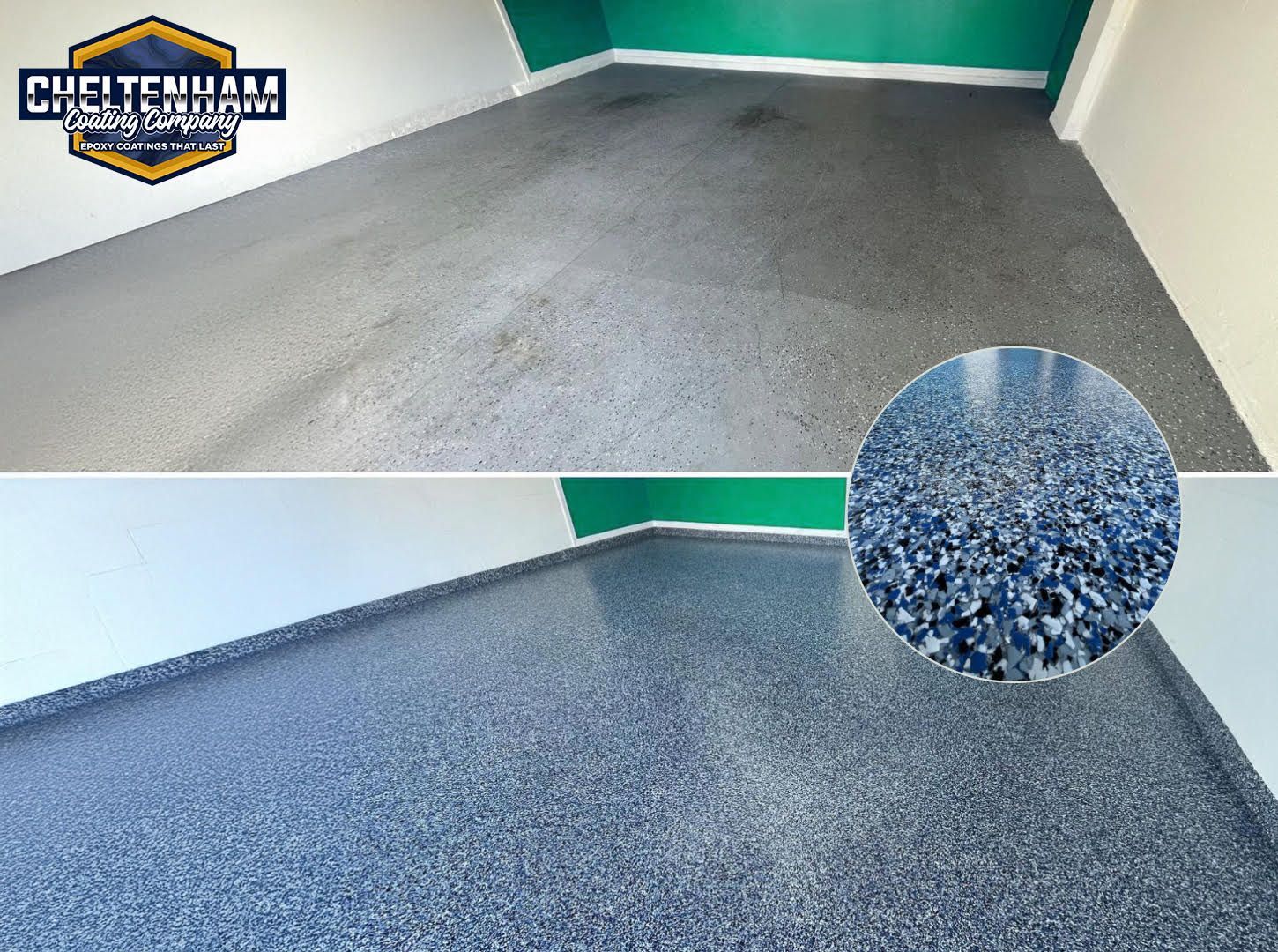 Before and after comparison of a concrete floor coated with a textured, blue and grey speckled epoxy finish.