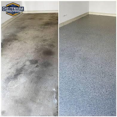 Before-and-after comparison of a concrete garage floor: stained and worn on the left, finished with a smooth gray epoxy.