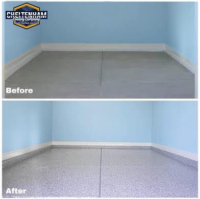 Before and after comparison of a concrete floor refinished with a grey speckled epoxy coating in a light blue room.