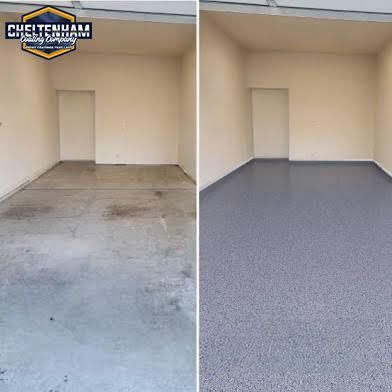 Split image showing a garage floor before and after a gray epoxy coating installation.