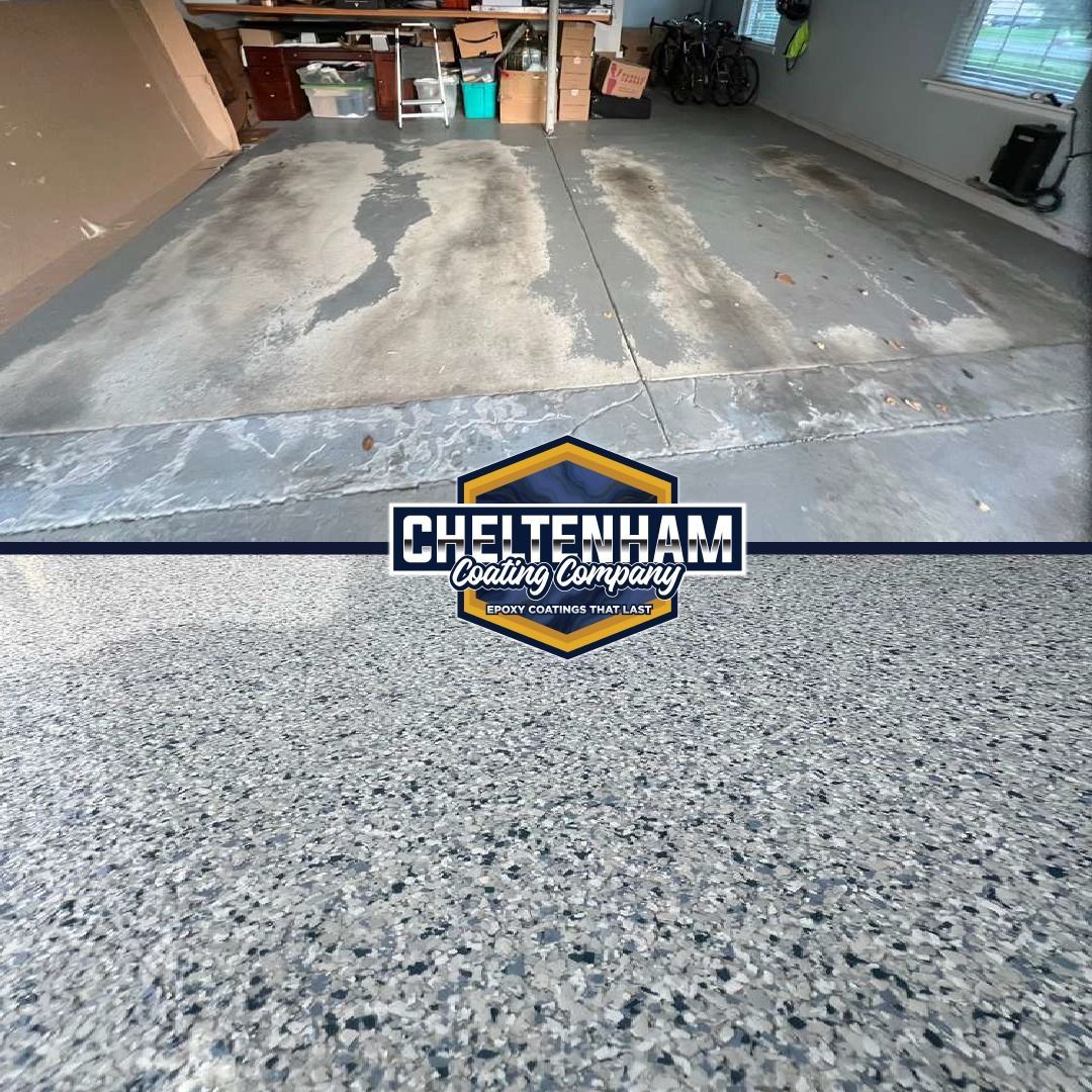 Before and after view of a garage floor being transformed with a gray, speckled flake epoxy coating.