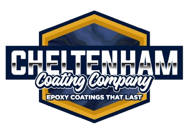 Logo for Cheltenham Coating Company featuring bold text over a gold-bordered blue hexagon with the tag, Epoxy Coatings.