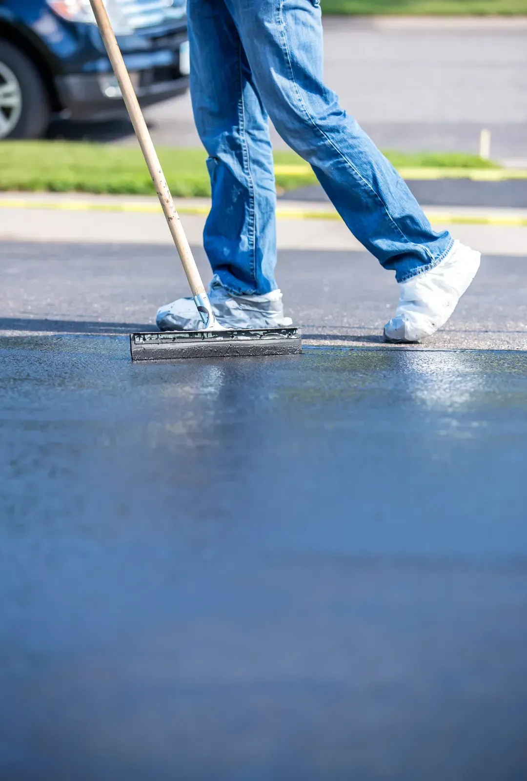 A worker in protective shoe covers spreads black sealant on an asphalt driveway using a long-handled brush.