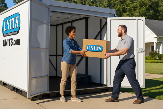 Two people exchange a cardboard box in front of an open, white 