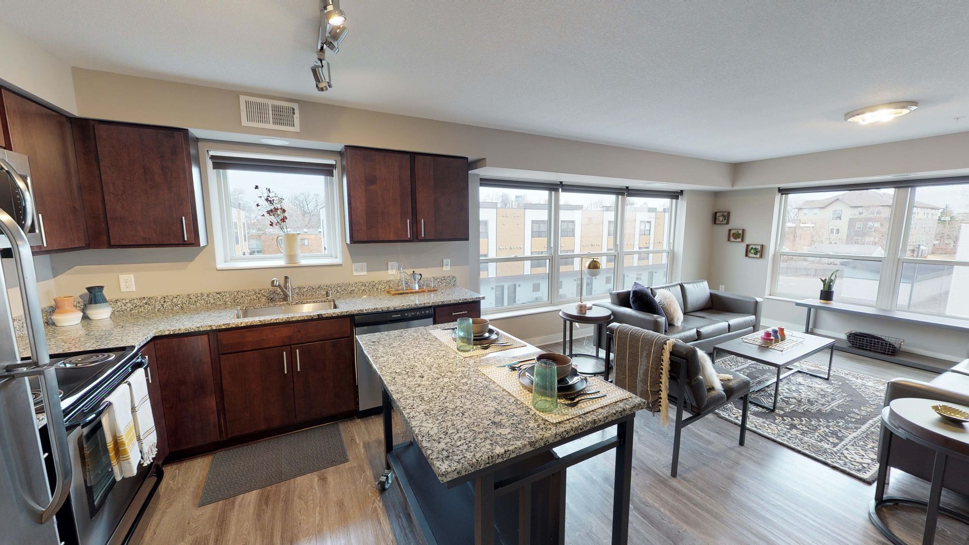 Kitchen with island at Spectrum apartments and townhomes in Minneapolis
