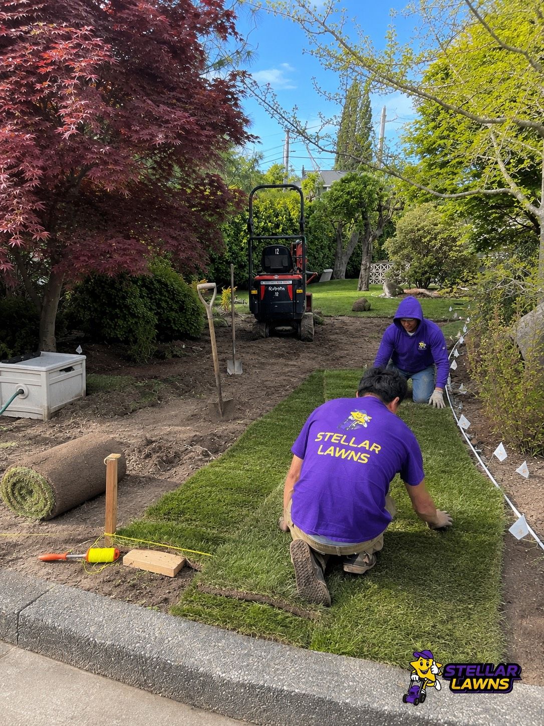 Workers in purple shirts edging a sidewalk in a landscaped yard with trees and a small machine