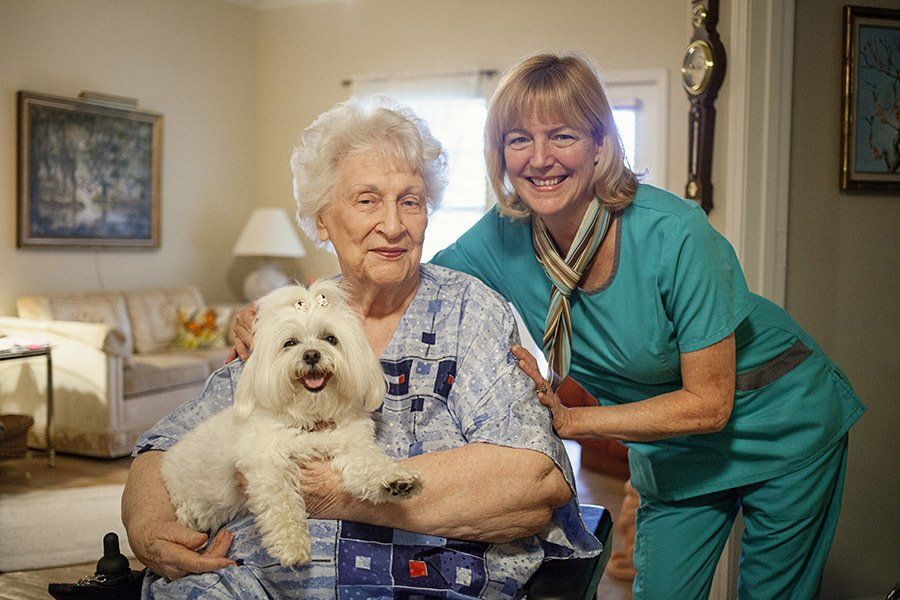 An elderly woman is sitting in a wheelchair holding a small white dog.