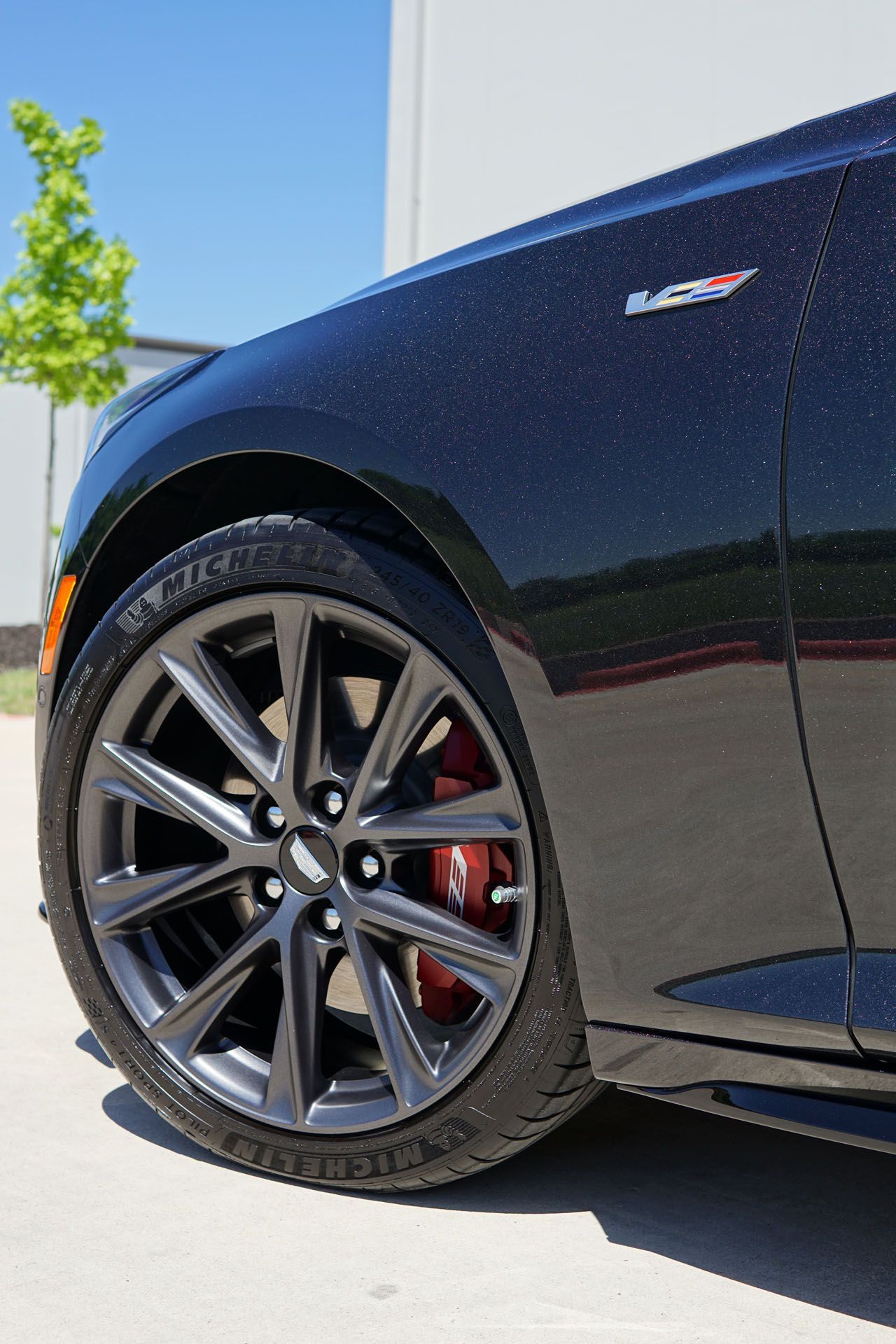 Black Chevy Camaro wheel, red brake calipers, and V8 badge on a sunny day.