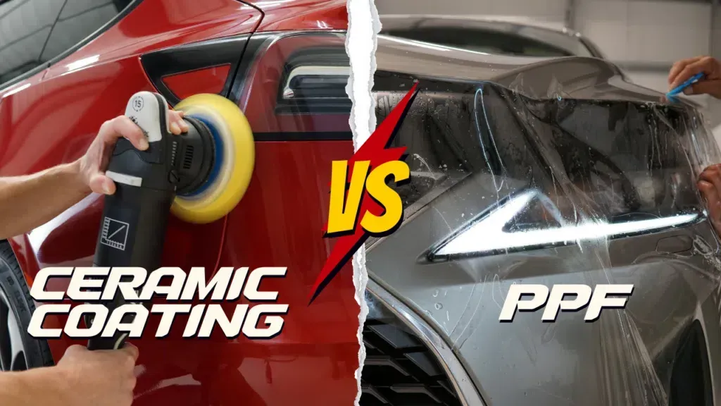 A person is polishing a car with a ceramic coating and a person is applying ppf to a car.