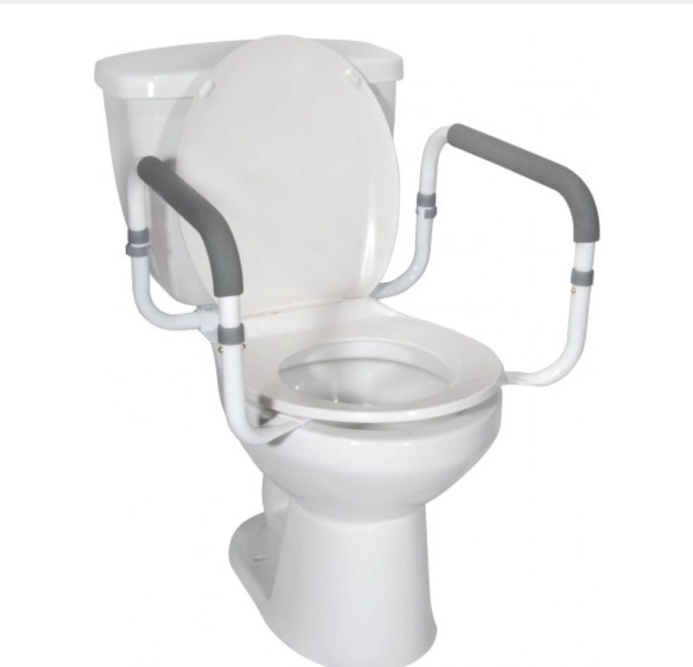 Toilet with raised seat and attached padded armrests for accessibility