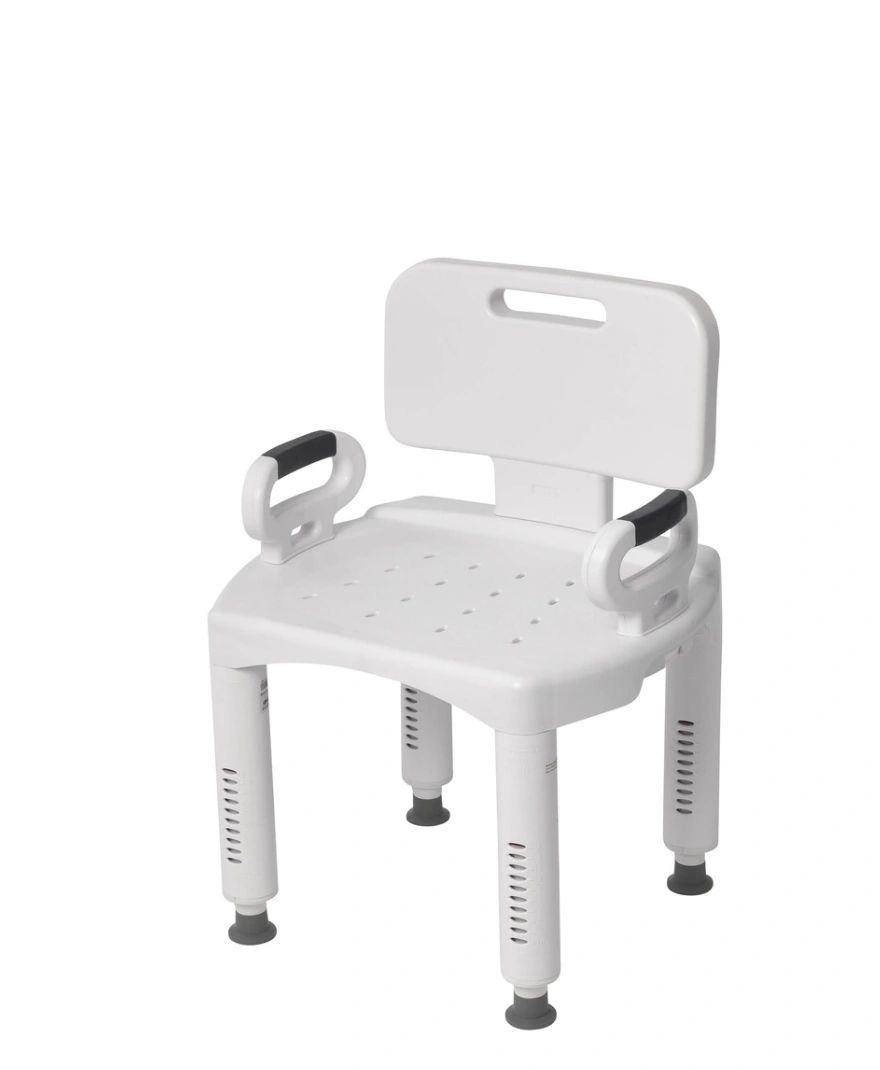 White plastic shower chair with backrest, armrests, and four adjustable legs with rubber feet
