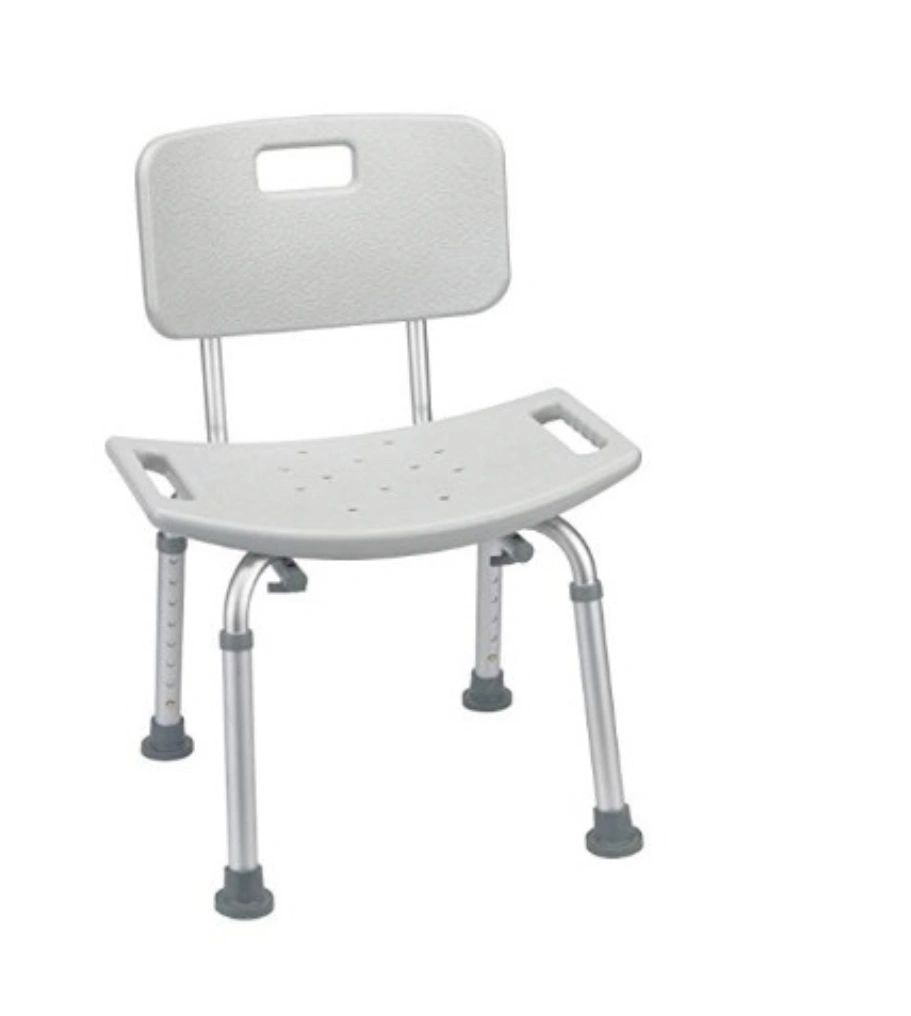 White plastic shower chair with backrest and armless seat, supported by metal legs with rubber feet.