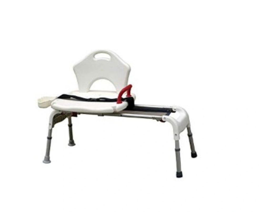 White bath transfer bench with backrest and black legs on a white background