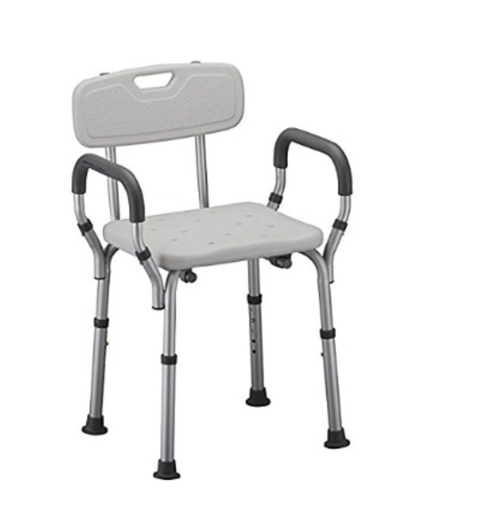 Gray adjustable shower chair with backrest, armrests, and four rubber-tipped legs on a white background