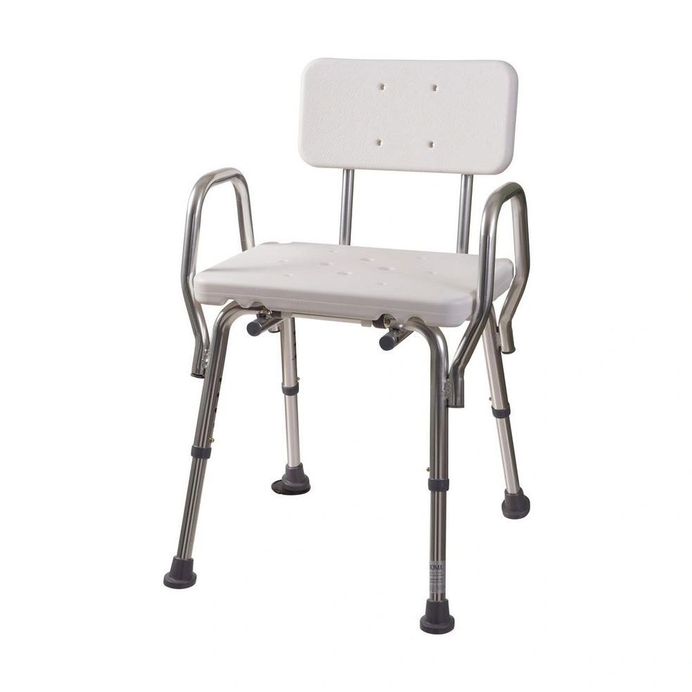 White padded shower chair with metal frame and armrests