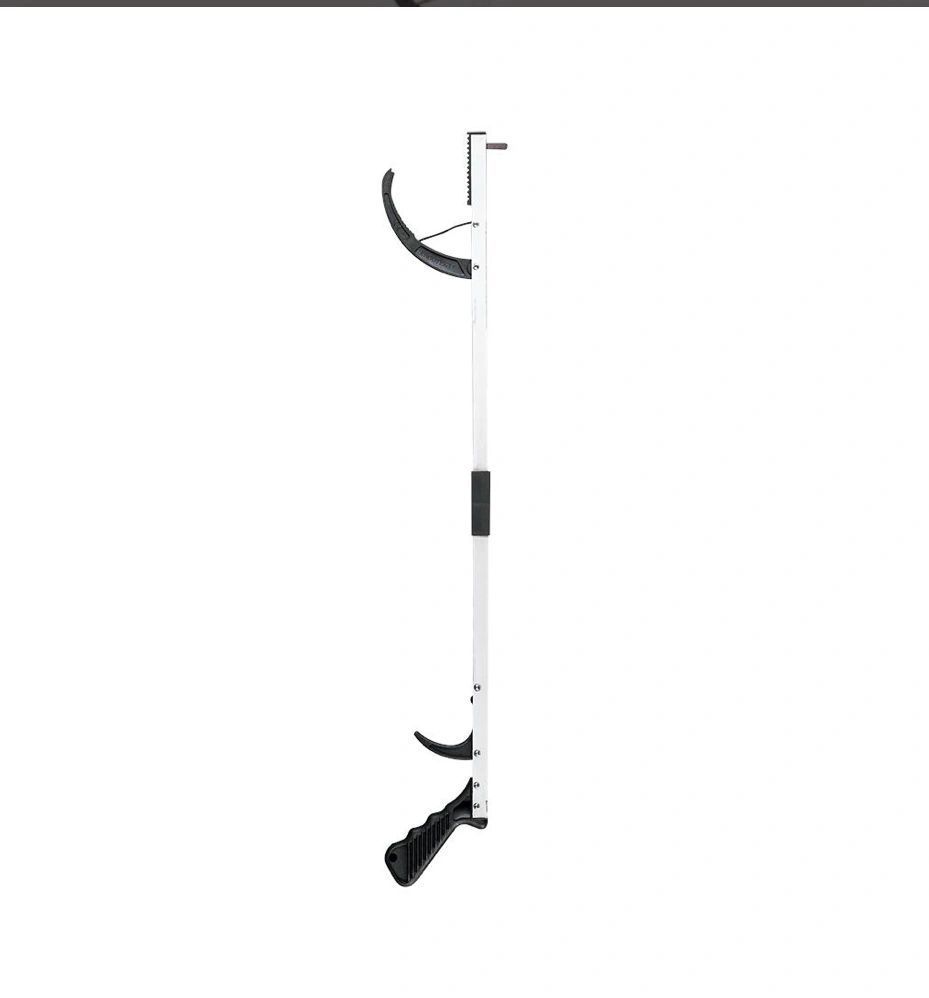 White telescoping pole with curved black handles and a folded base on a white background