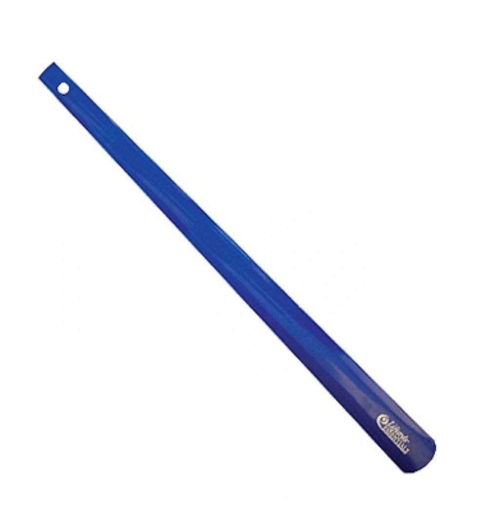 Blue plastic shoehorn with a hanging hole at one end