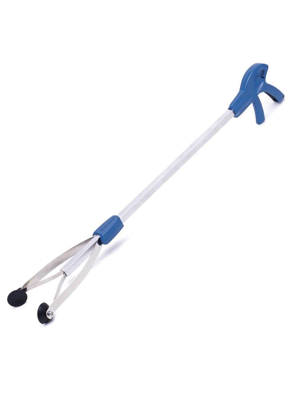 Blue and white reaching grabber tool with black suction tips