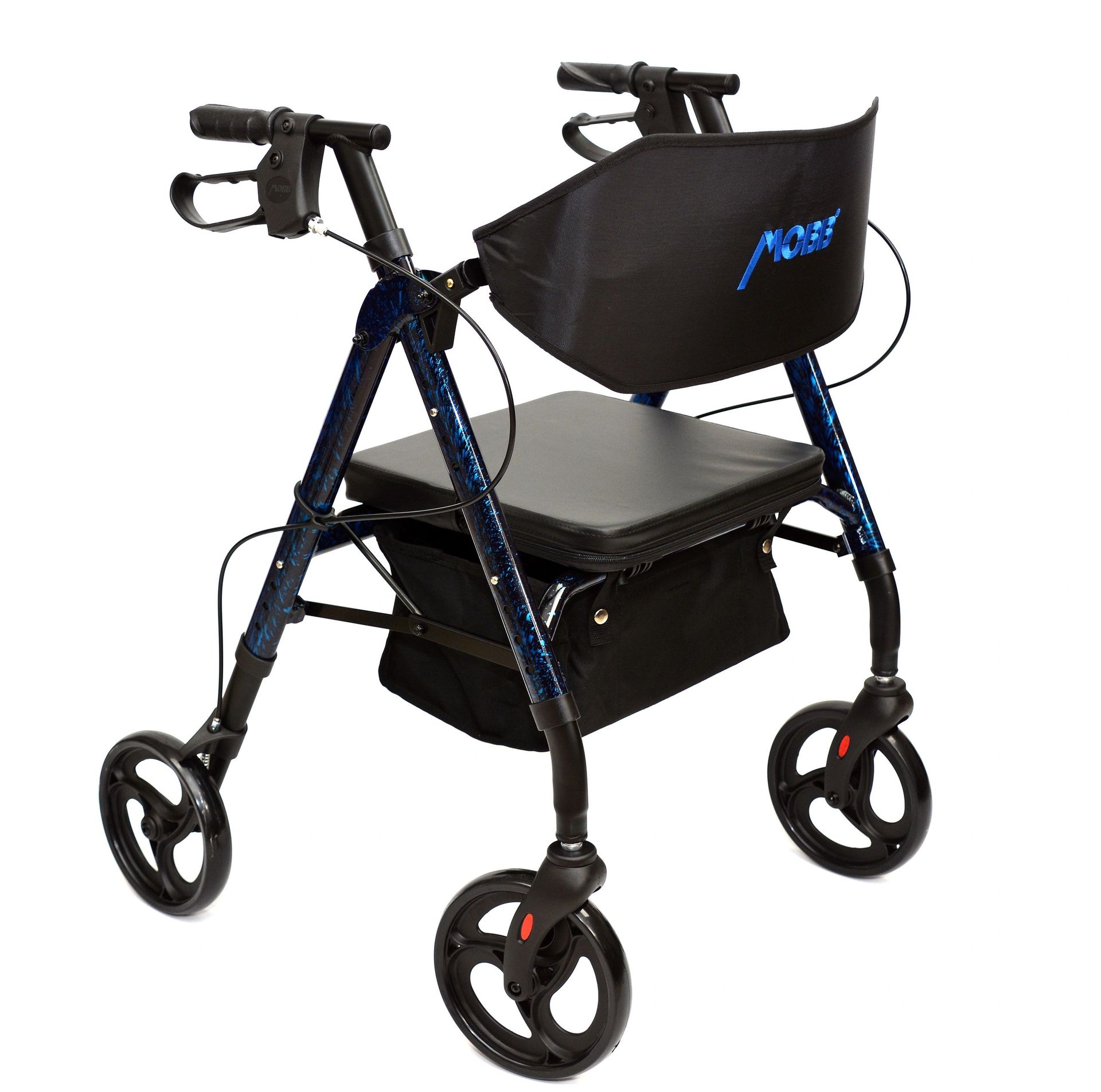 Black four-wheel rollator walker with seat, basket, and padded backrest on a white background