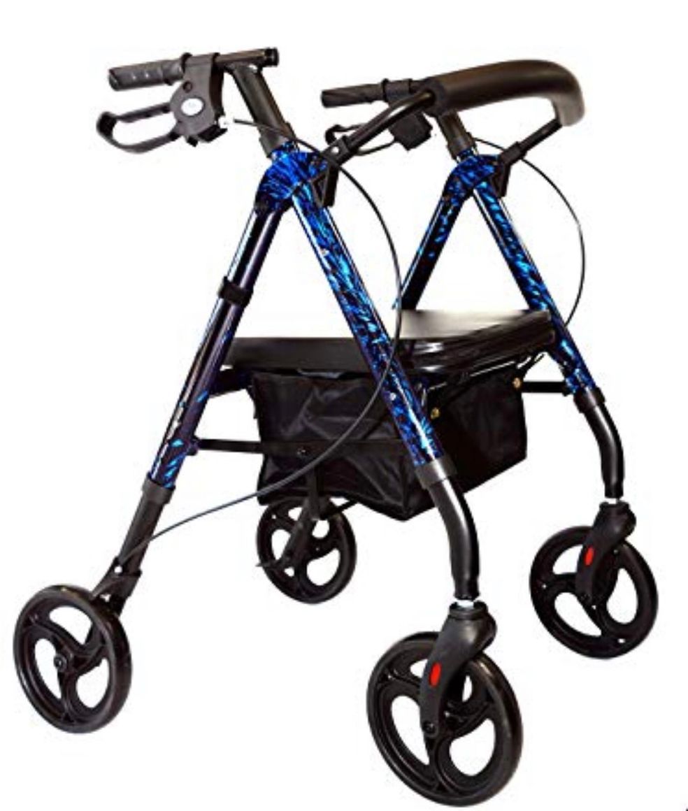 Blue rollator walker with four wheels and a black seat, viewed from the side.
