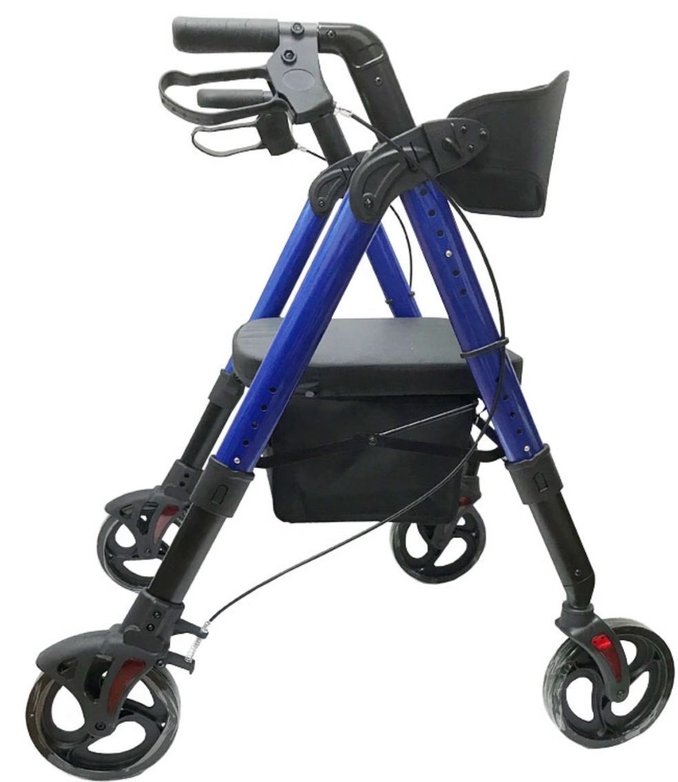 Blue rolling walker with seat, black handles, and four wheels on a white background
