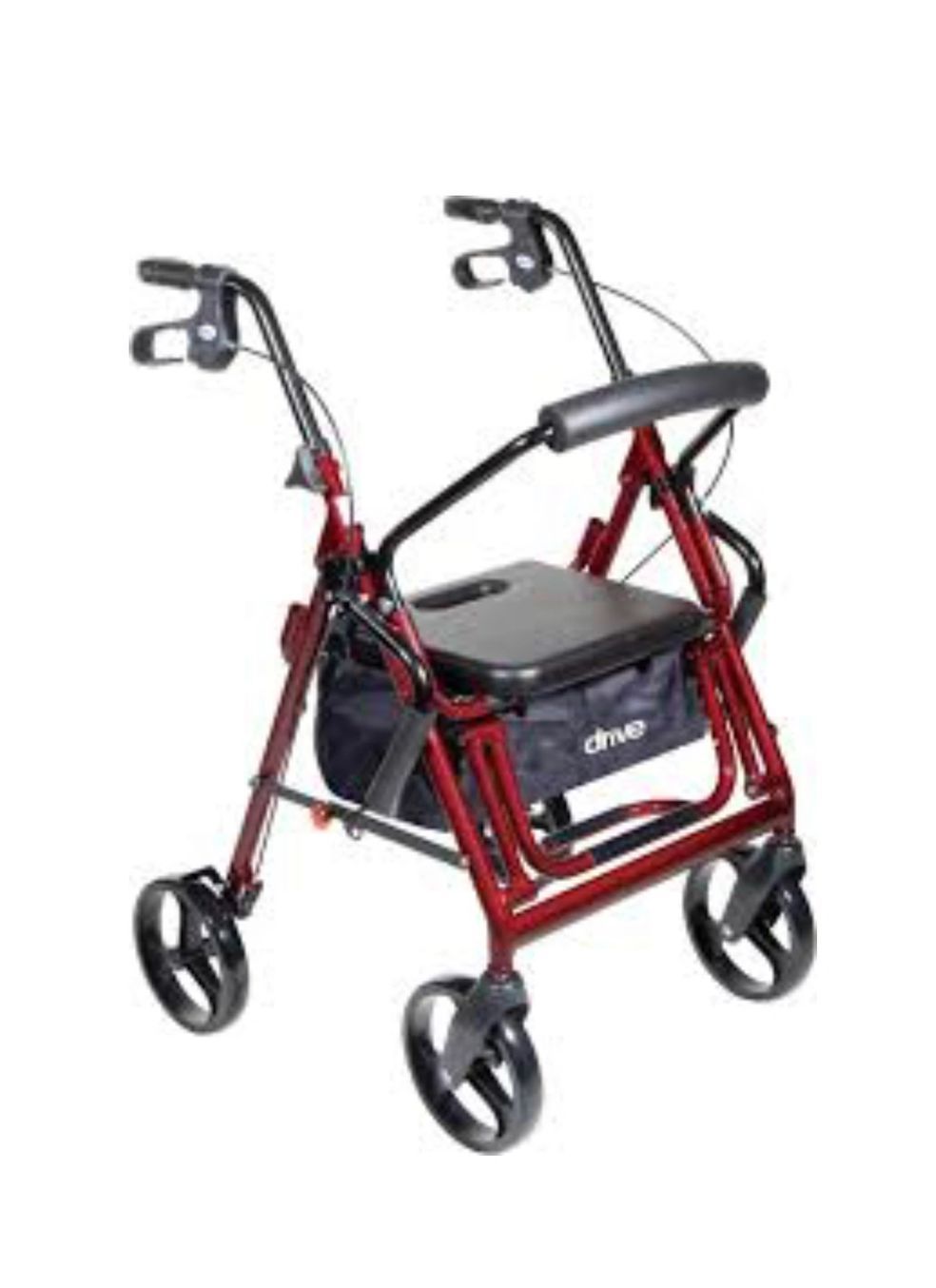 Red rollator walker with seat, backrest, hand brakes, and four wheels.