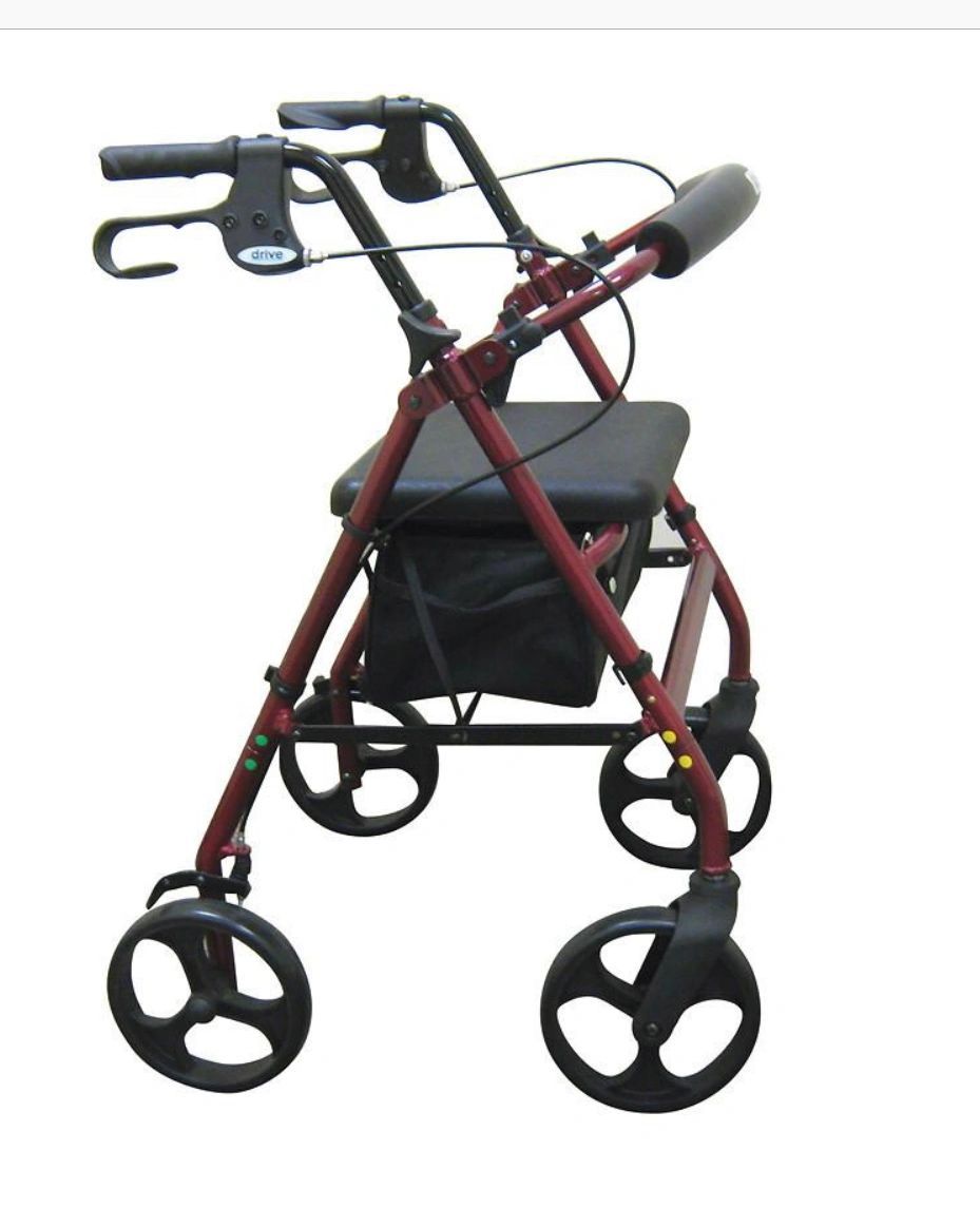 Red foldable walker with four wheels, hand grips, and a seat with storage basket underneath.