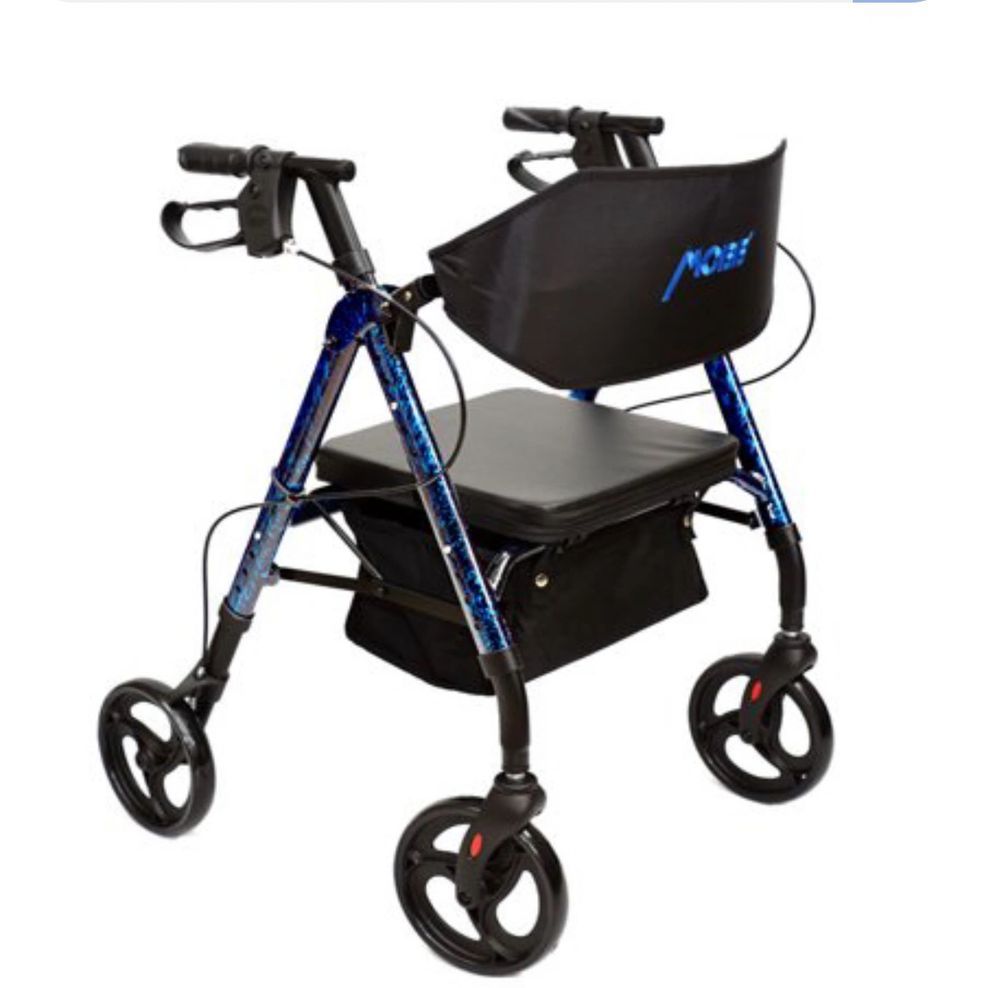 Blue and black rollator walker with seat, four wheels, and front hand brakes