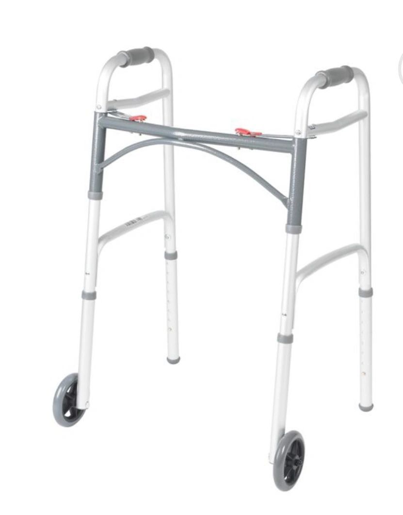 Silver walker with front wheels and rear legs on a white background